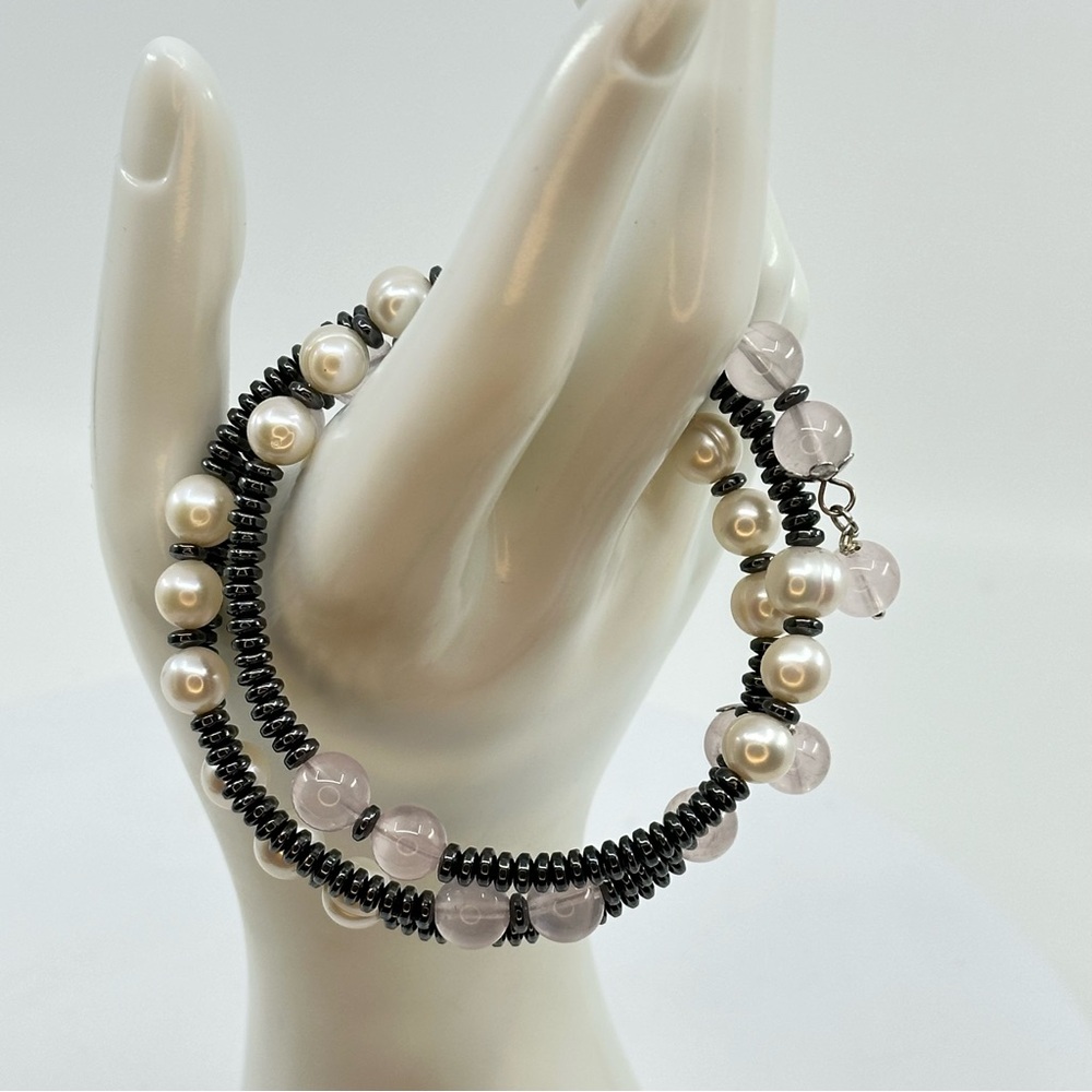 #325 New Handmade Multi Strand Bracelet Rose Quartz, Pearls & Hematite